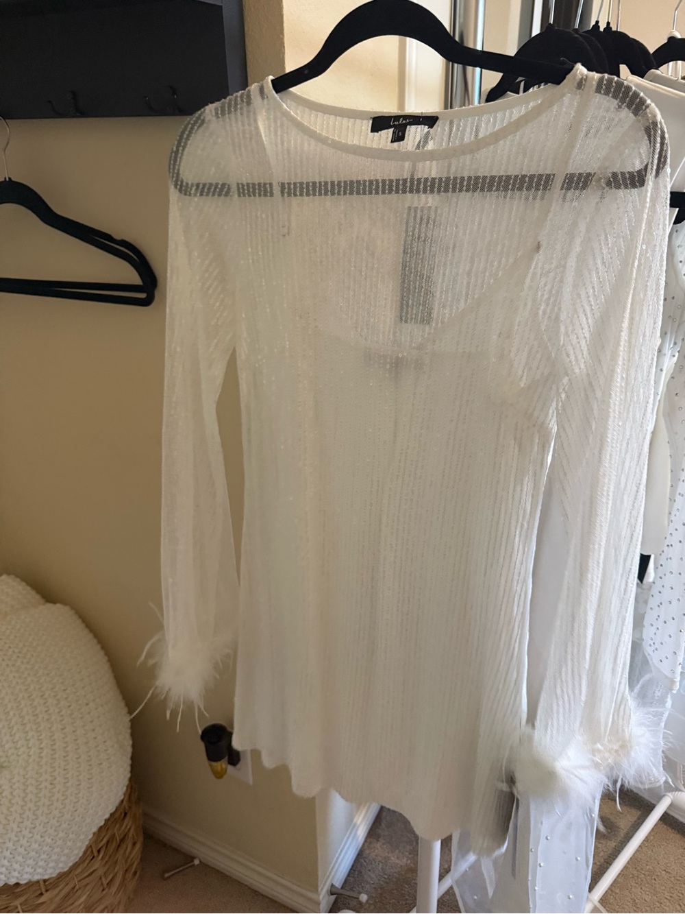 Lulus sequin and feathers mini bridal dress